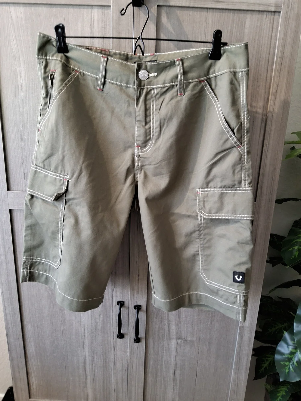True Religion Olive Cargo Shorts with Contrast Stitching